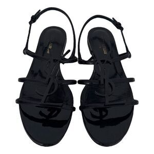 Saint Laurent Cassandra YSL Logo Black Patent Leather Sandals Size EU 38 US 8